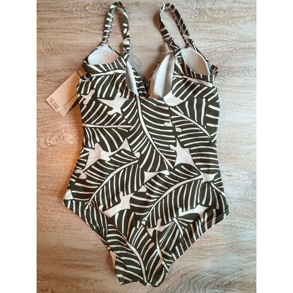 DKNY Small One Piece Swimsuit Womens Olive Green Tropical Palm Leaf Ruched - Picture 3 of 6